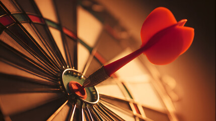 dartboard. A red dart perfectly lodged in the bullseye of a dartboard, bathed in warm sunset light for a dramatic effect. inspiring travel planning.