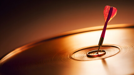 dartboard. A red dart perfectly lodged in the bullseye of a dartboard, bathed in warm sunset light for a dramatic effect. inspiring travel planning.