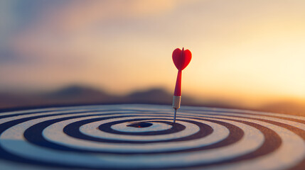 dartboard. A red dart perfectly lodged in the bullseye of a dartboard, bathed in warm sunset light for a dramatic effect. inspiring travel planning.
