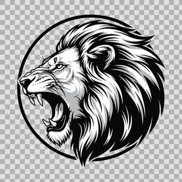 A black and white illustration of a roaring lions head in a circular frame on a transparent background
