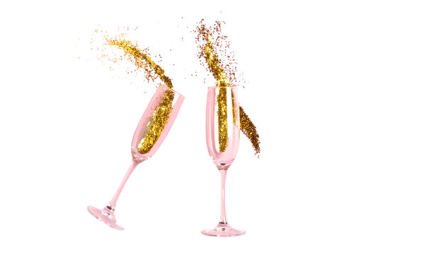 A champagne bottle with fizzing bubbles amidst golden stars and confetti on a white background