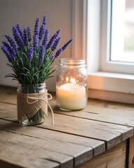 Rustic Wooden Table Lavender Flowers Candle Mason Jars