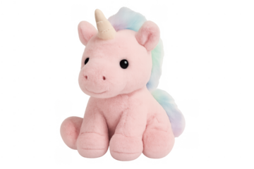 Pink plush unicorn toy with pastel rainbow mane