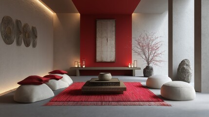 Zen inspired Chinese New Year meditation space with red accent elements, calm spiritual atmosphere