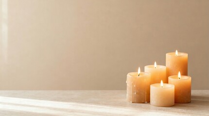 Lit candles with soothing mood representing health and body self-care rest and recovery physical health no medicine against warm neutral background with copy space