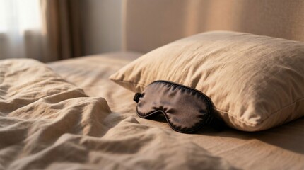 Unmade bed with calm mood representing Health and body Self-care Rest and recovery Physical health no medicine against cozy bedroom background with copy space