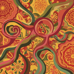 Vibrant Psychedelic Swirls and Floral Patterns in Warm Tones.