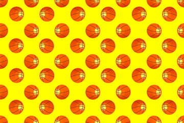 Colorful basketball pattern on yellow background. Seamless pattern of basketball. Bright basketball seamless pattern. Fun and vibrant basketball pattern for kids.