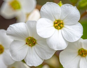 Obraz premium Close-up of beautiful white flowers with yellow centers blooming in the sunlight.