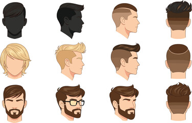 Set of Modern Men Hairstyle and Beard Cuts Featuring Trendy Fade Undercut and Grooming Styles for Male Fashion Vector.