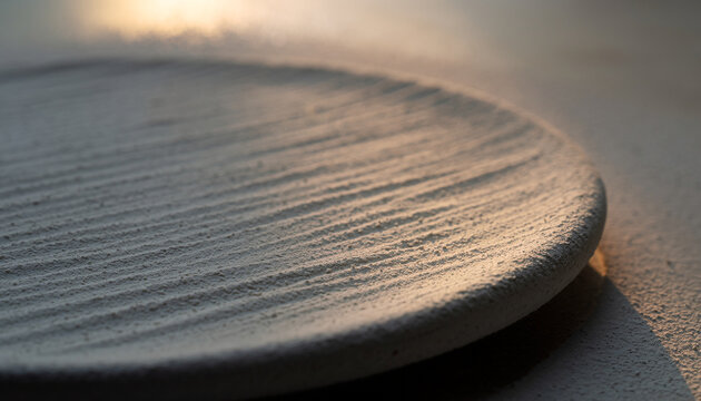 Close-up of a textured round concrete or stone surface with parallel grooves, illuminated by warm, soft sunlight creating a gradient effect and subtle shadows, perfect for modern abstract backgrounds.