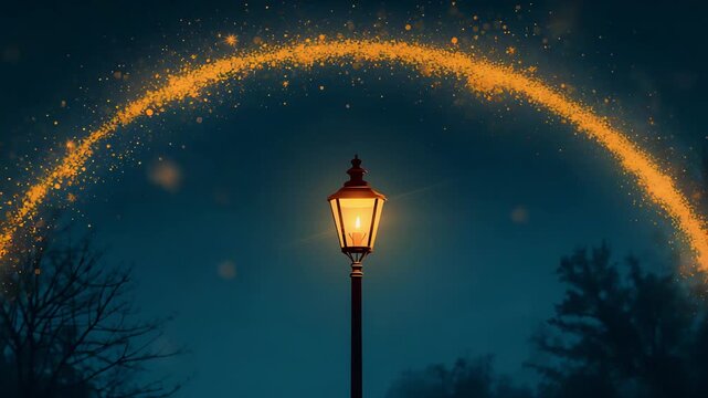 Street lamp glowing at night beneath arc of golden sparks in dark sky