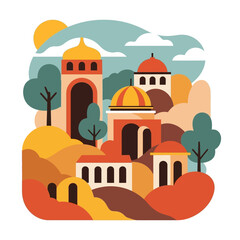 Ancient Mediterranean Village with Domed Buildings and Arches.