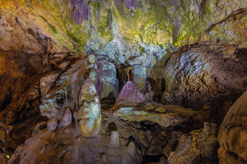 Colorful mineral deposits in the Bear Cave, named after the numerous cave bear skeletons