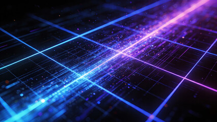 Abstract digital grid with glowing blue and purple data streams, representing technology, network, and data flow in a futuristic cyber environment.
