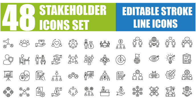Stakeholder Line Editable Icons Set - Corporation, Investor, Employee, Supplier, Government, Community, Shareholder, Customer, Partner, Board Member, Management and More - Vector Illustration for Web 
