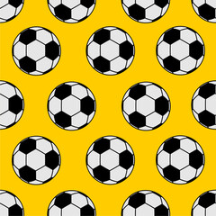 Soccer ball pattern on a yellow background. Playful football pattern design. Repeating soccer ball illustration. Bright yellow sports-themed pattern. Simple and fun soccer pattern.