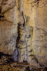 Colorful stalactites with spots of algae in the Bear Cave, named after the numerous cave bear skeletons