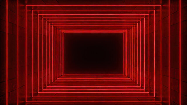 Abstract 3D rendering of a red neon-lit tunnel with geometric patterns, creating a futuristic, sci-fi perspective with glowing lines and depth. - Powered by Adobe