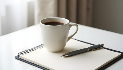 Hot coffee cup with notebook and pen on white desk for morning work productivity and planning