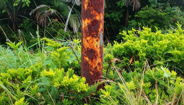 Close-up of a weathered, rusty metal pole amidst vibrant green foliage and lush vegetation.