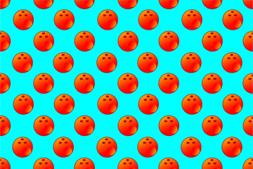 Red bowling ball pattern on blue light background. Playful bowling ball illustration design. Seamless pattern of red bowling ball. Fun and vibrant volleyball pattern for kids.