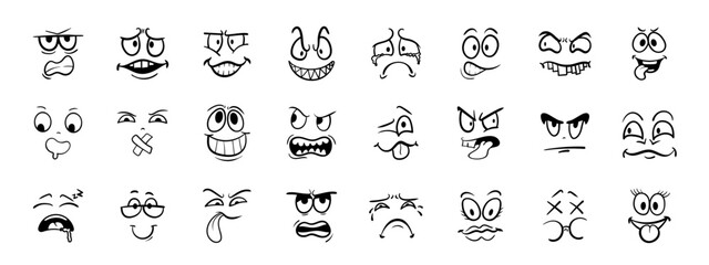 Happy, sad and angry characters emotions. Vector set. Emotional comic face with eyes, mouths, tongue and teeth. Cartoon doodle face expression. © Kasimin