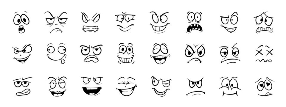 Cartoon doodle face expression. Emotional comic face with eyes, mouths, tongue and teeth. Happy, sad and angry characters emotions. Vector set