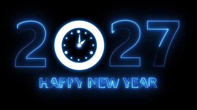 Glowing neon new year 2027 celebration with clock animation. Happy New Year 2027 celebration with blue light abstract clock on futuristic technology background, countdown concept. 4k video animation