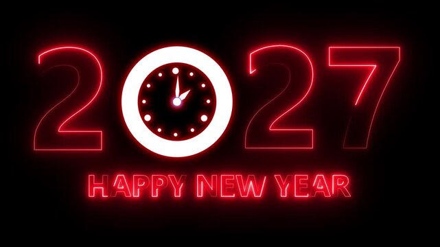 Glowing neon new year 2027 celebration with clock animation. Happy New Year 2027 celebration with blue light abstract clock on futuristic technology background, countdown concept. 4k video animation