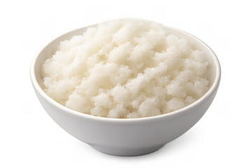 Cooked white rice filling a ceramic bowl, representing healthy food, traditional asian cuisine, and a staple diet on transparent background