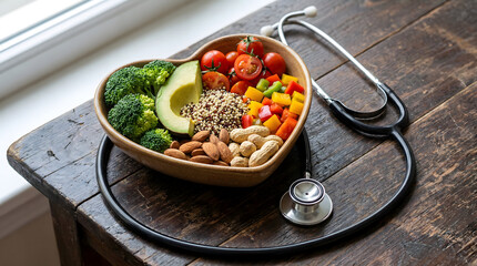 Healthy Nutrition Diet in Heart Shaped Bowl with Medical Stethoscope