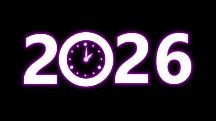 Happy New Year 2026 celebration with glowing clock animation on transparent background, countdown concept. Welcome 2026. happy new year 2026 animated text new year neon 2026 4k video. - Powered by Adobe