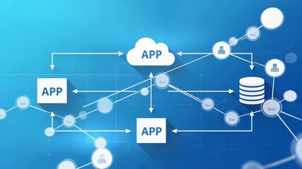 Cloud computing network diagram showing connected applications, users and database icons on blue background - Powered by Adobe