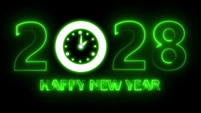 Glowing neon new year 2028 celebration with clock animation. Happy New Year 2028 celebration with blue light abstract clock on futuristic technology background, countdown concept. 4k video animation