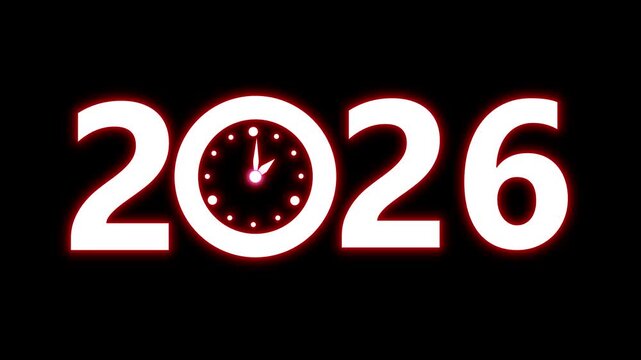 Happy New Year 2026 celebration with glowing clock animation on transparent background, countdown concept. Welcome 2026. happy new year 2026 animated text new year neon 2026 4k video.