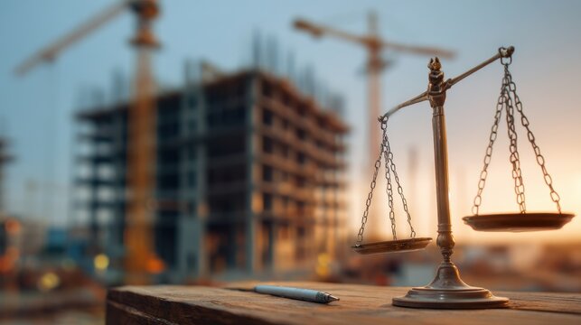 Scales of justice on a wooden table with a construction site and cranes in the background at sunset