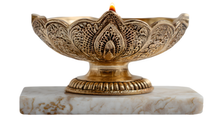 An antique brass candlestick and vintage metal lamp ornament isolated on a white background with ancient gold and silver object details