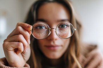 Woman holding glasses up to face with curious expression