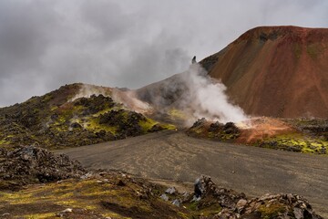 view of the Brennisteinsalda volcano and geothermal area in the Landmannalaugar Region of central Iceland