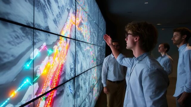 A group of individuals actively engaging with a large, high-tech display showcasing data visualizations, manipulating colorful light patterns and interactive graphics in a modern technology setting.