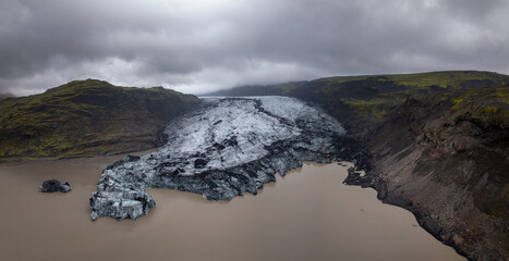 drone view of the Solheimajokull Glacier lagoon and the Myrdalsjokull Glacier ice cap outlet