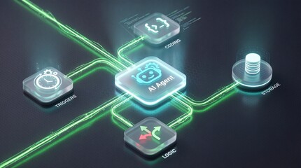 Futuristic AI Agent Automation Workflow Diagram. Data Streams Connecting Triggers, Logic, Coding, and Storage, illustrating Digital System Architecture and Process Automation.