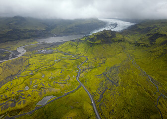 drone view of the road leading to the Solheimsjokull Glacier lagoon in southern Iceland