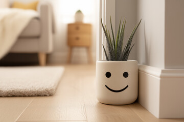 A smiling potted succulent plant on a wooden floor in a cozy room