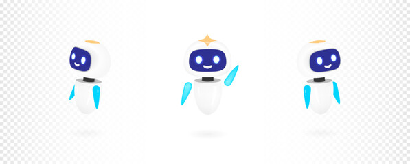 Cute 3D robot character set waving hand vector illustration. Friendly white AI chatbot mascot for technology, customer support, and artificial intelligence innovation concepts isolated on white.