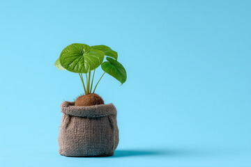 Small potted plant in eco-friendly burlap bag on blue background
