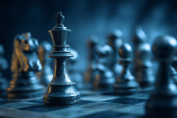 Strategic chess queen standing strong on dark board with blurred pieces