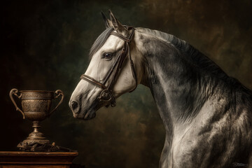 Majestic horse gazes at golden trophy on wooden pedestal in dark background