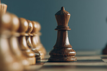 Strategic chess king piece standing strong on chessboard with opponent pieces